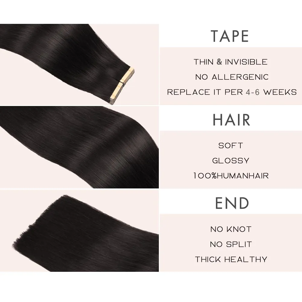 Human Hair Tape in Extensions Jet Black 20pcs Seamless Skin Weft Hair Extensions 22 Inch Double Sided Remy Invisible Straight Tape in Hair Extensions Human Hair (1#,22 Inch)