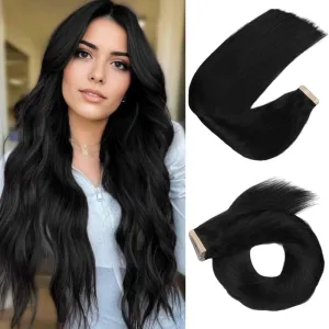 Human Hair Tape in Extensions Jet Black 20pcs Seamless Skin Weft Hair Extensions 22 Inch Double Sided Remy Invisible Straight Tape in Hair Extensions Human Hair (1#,22 Inch)