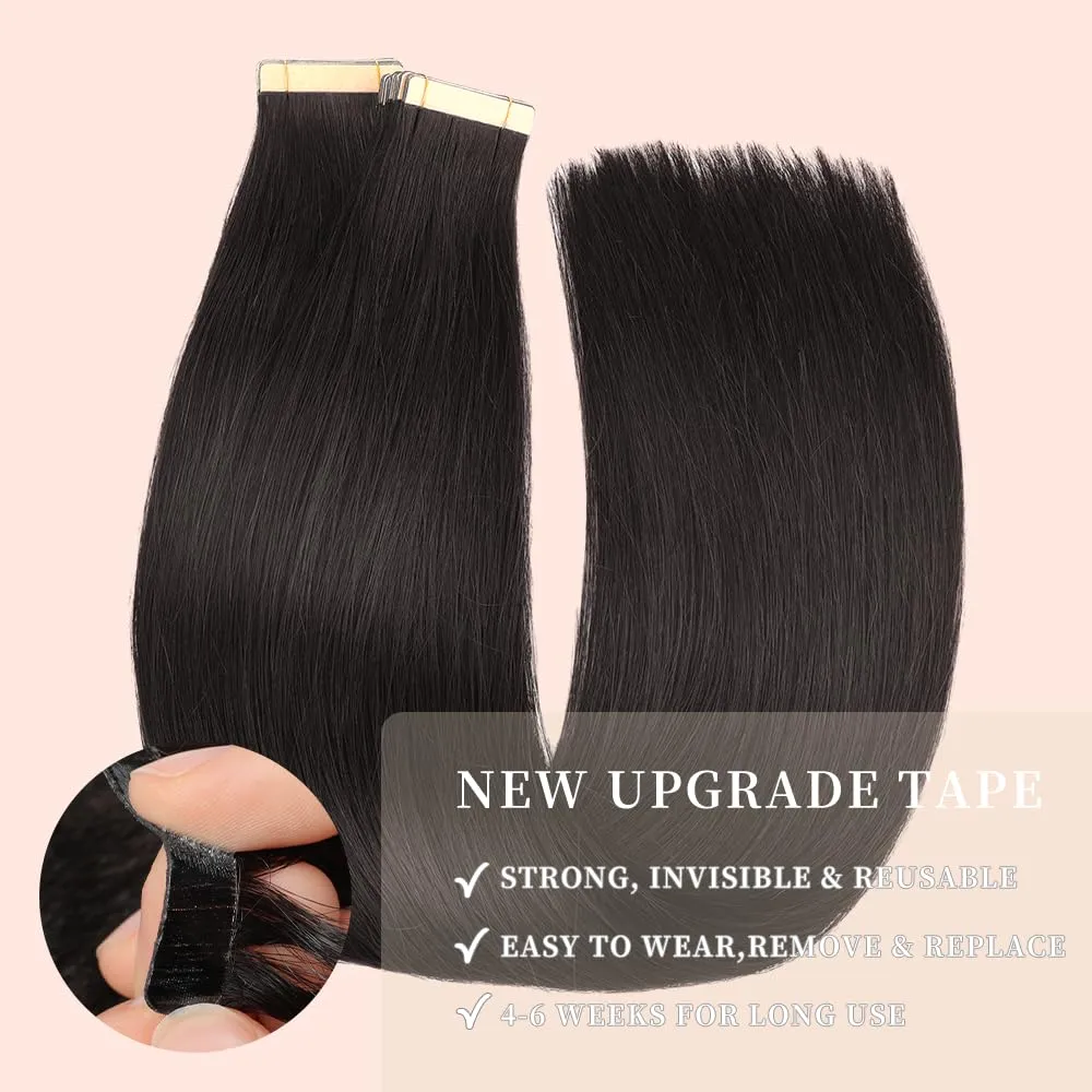 Human Hair Tape in Extensions Jet Black 20pcs Seamless Skin Weft Hair Extensions 22 Inch Double Sided Remy Invisible Straight Tape in Hair Extensions Human Hair (1#,22 Inch)