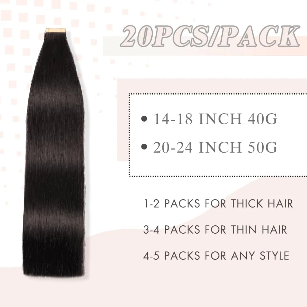 Human Hair Tape in Extensions Jet Black 20pcs Seamless Skin Weft Hair Extensions 22 Inch Double Sided Remy Invisible Straight Tape in Hair Extensions Human Hair (1#,22 Inch)