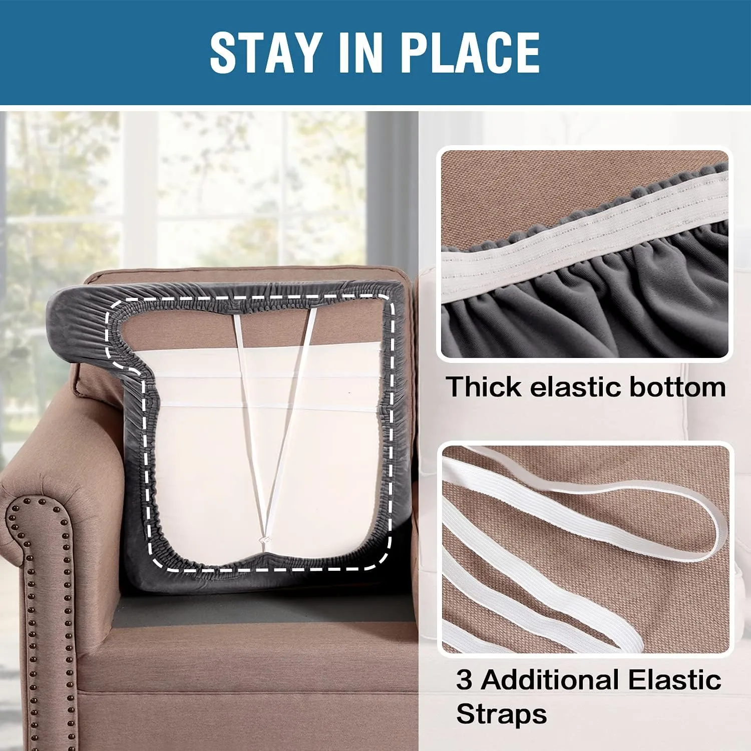 H.VERSAILTEX Stretch Velvet 3 Piece T Cushion Sofa Slipcovers Individually Cushion Cover for 3 Cushion Couch Seat Cushion Covers for Sofa Seat Cushion Covers Stay in Place(Sofa, Grey)