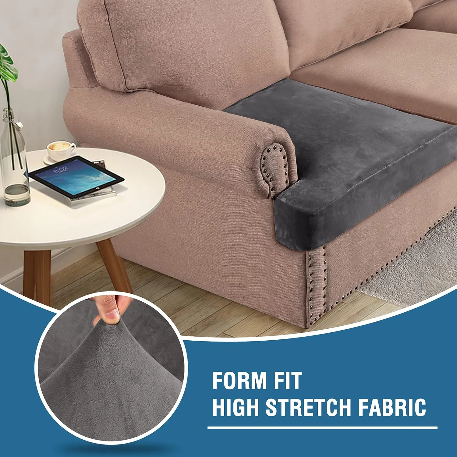 H.VERSAILTEX Stretch Velvet 3 Piece T Cushion Sofa Slipcovers Individually Cushion Cover for 3 Cushion Couch Seat Cushion Covers for Sofa Seat Cushion Covers Stay in Place(Sofa, Grey)
