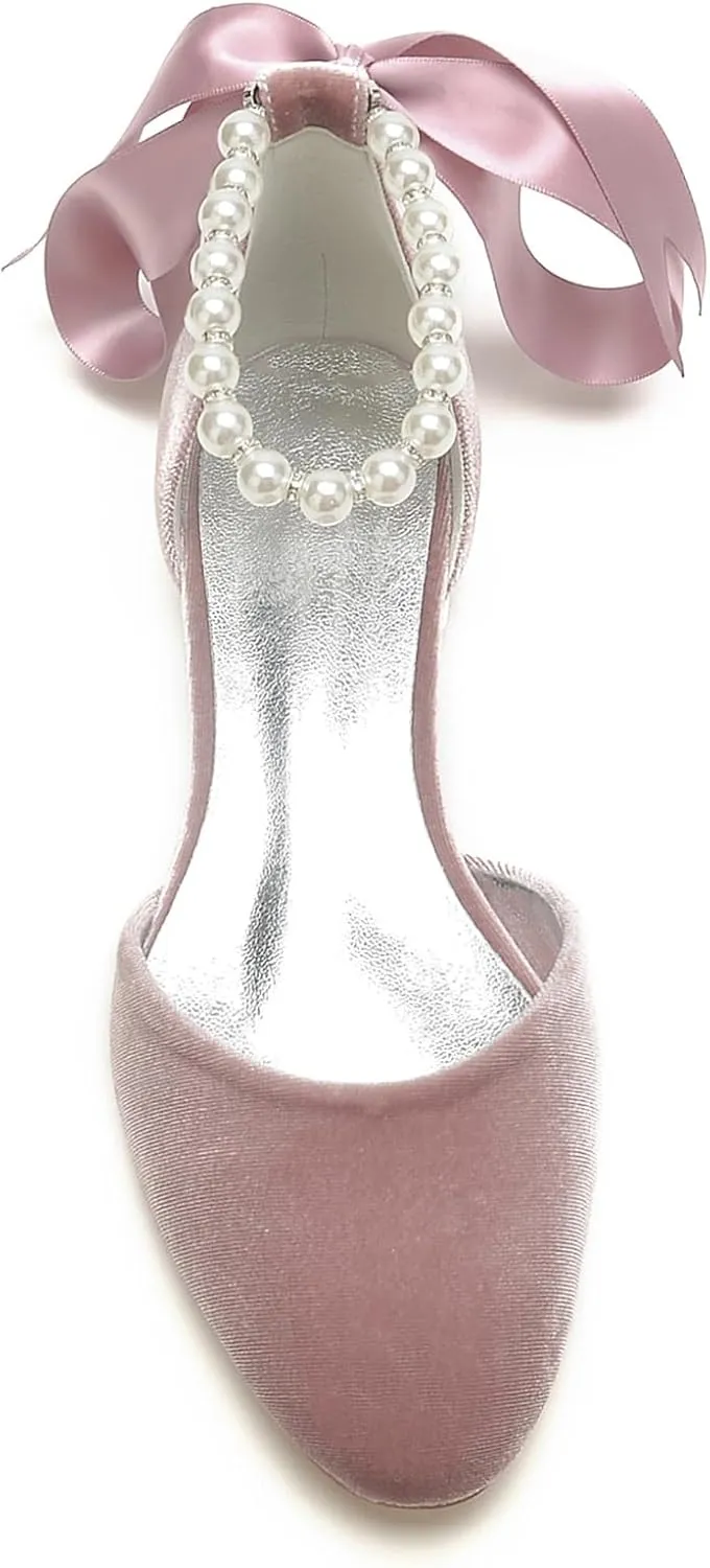 Hyinlays Women's Velvet Pumps Ankle Strap Closed Toe Flats with Pearls Wedding Comfort Low Heel Evening Dress Work Shoes