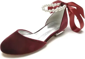 Hyinlays Women's Velvet Pumps Ankle Strap Closed Toe Flats with Pearls Wedding Comfort Low Heel Evening Dress Work Shoes