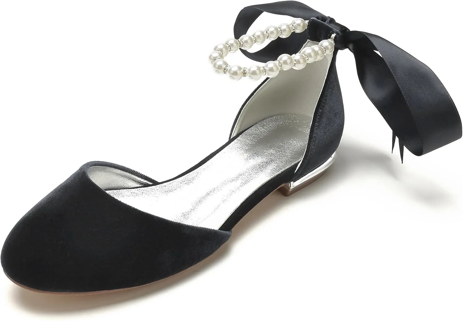 Hyinlays Women's Velvet Pumps Ankle Strap Closed Toe Flats with Pearls Wedding Comfort Low Heel Evening Dress Work Shoes
