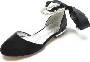 Hyinlays Women's Velvet Pumps Ankle Strap Closed Toe Flats with Pearls Wedding Comfort Low Heel Evening Dress Work Shoes