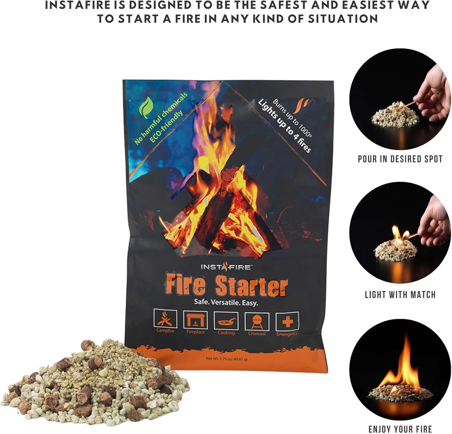 Instafire Granulated Fire Starter, All Natural, Eco-Friendly, Lights up to 48 Total Fires in Any Weather, Awarded 2017 Fire Starter of The Year