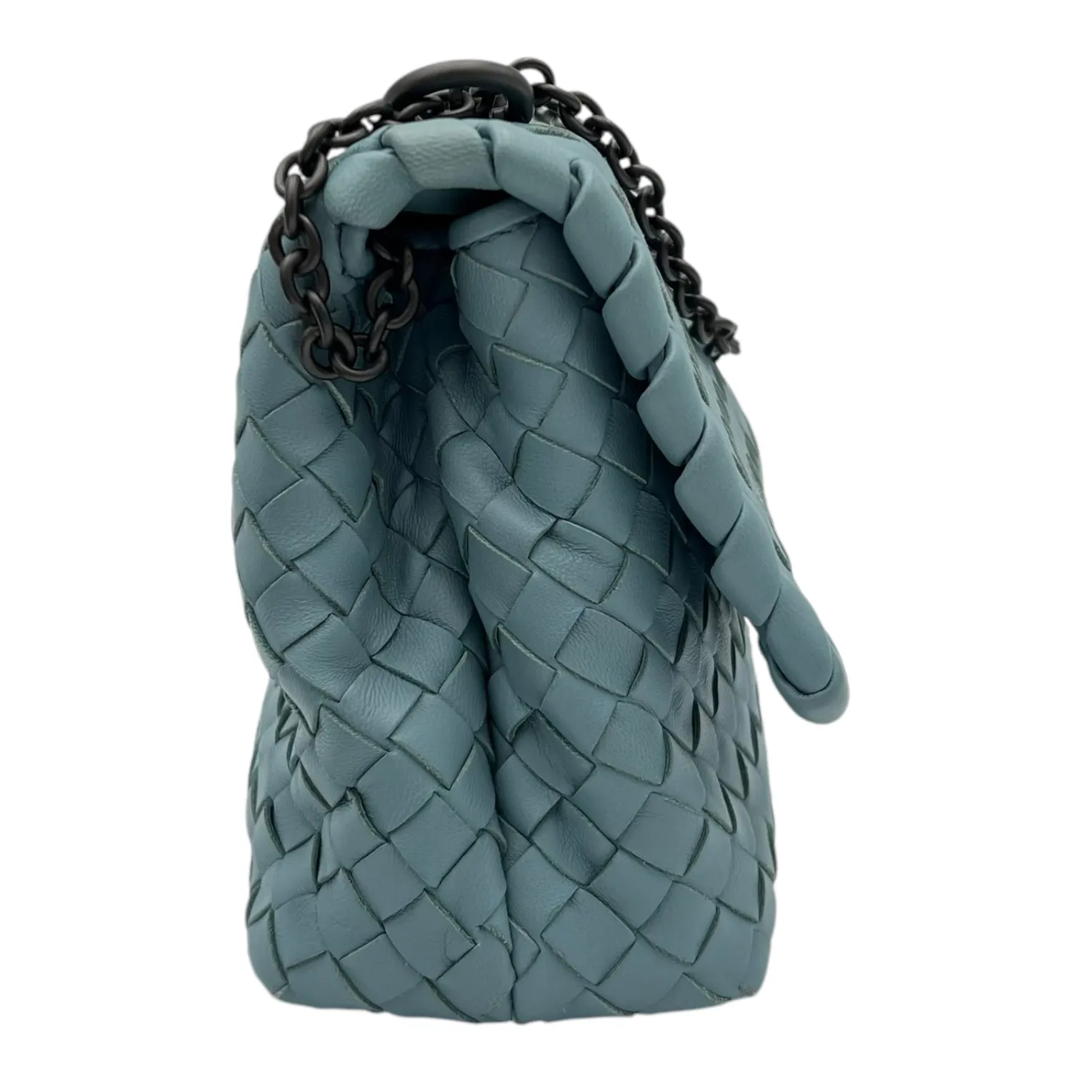 Intrecciato Crossbody Bag Blue in Calfskin, Ruthenium hardware