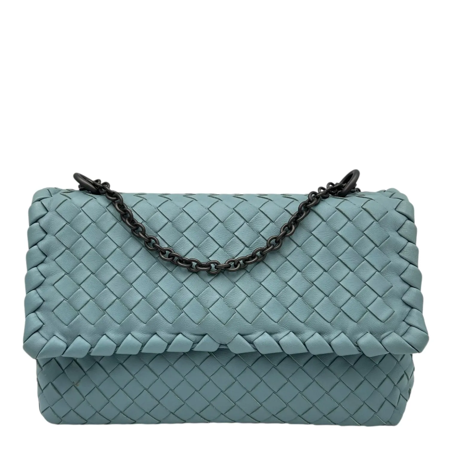 Intrecciato Crossbody Bag Blue in Calfskin, Ruthenium hardware