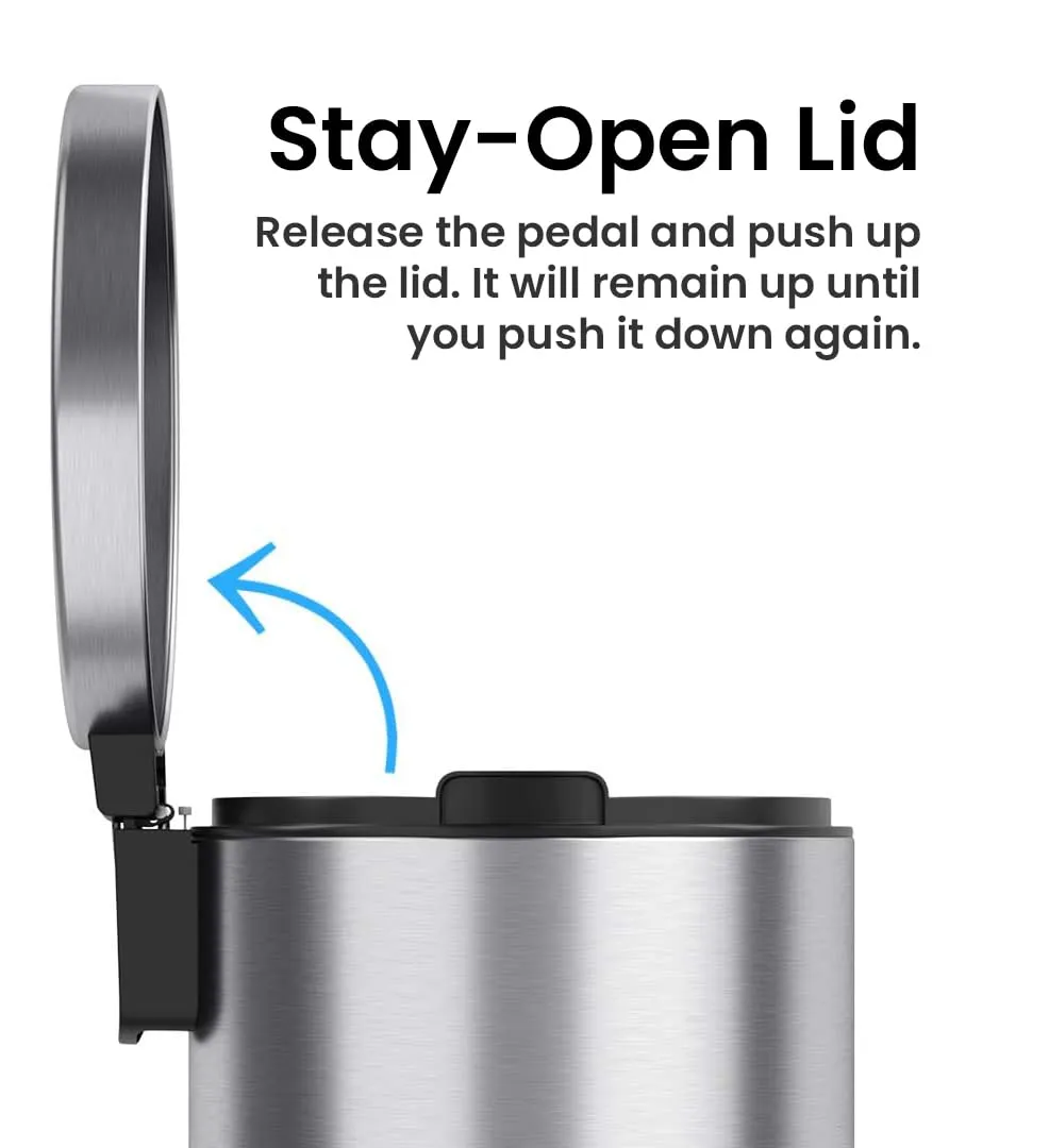 iTouchless SoftStep 3.2 Gallon Slim Bathroom Trash Can with Odor Filter & Removable Inner Bucket, Stainless Steel, 12 Liter Small Round Step Pedal Garbage Bin for Bedroom, Home, Office Cubicle