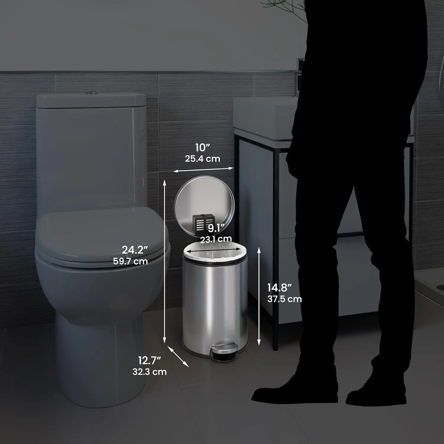 iTouchless SoftStep 3.2 Gallon Slim Bathroom Trash Can with Odor Filter & Removable Inner Bucket, Stainless Steel, 12 Liter Small Round Step Pedal Garbage Bin for Bedroom, Home, Office Cubicle
