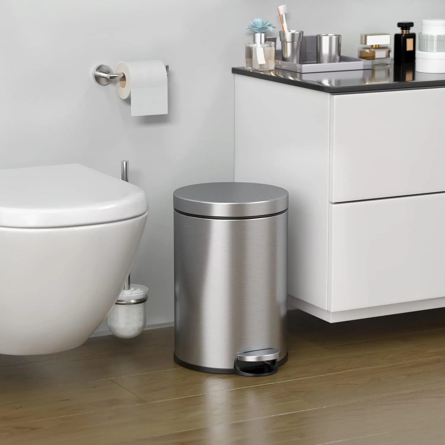 iTouchless SoftStep 3.2 Gallon Slim Bathroom Trash Can with Odor Filter & Removable Inner Bucket, Stainless Steel, 12 Liter Small Round Step Pedal Garbage Bin for Bedroom, Home, Office Cubicle