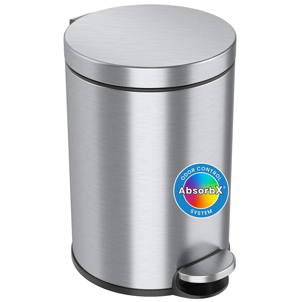 iTouchless SoftStep 3.2 Gallon Slim Bathroom Trash Can with Odor Filter & Removable Inner Bucket, Stainless Steel, 12 Liter Small Round Step Pedal Garbage Bin for Bedroom, Home, Office Cubicle