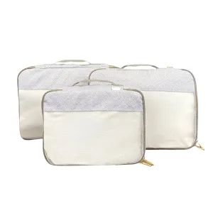 Itzy Ritzy Packing Cubes for Travel – Set of 3 Large Packing Cubes or Travel Organizers; Each Cube Features a Mesh Top, Double Zippers and a Fabric Handle; Large Sizes (Taupe)
