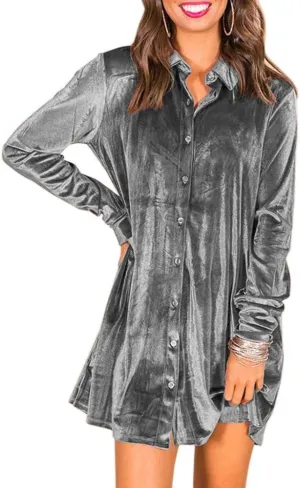 Ivay Women's Spring Button Down Tshirt Dresses Velvet Tunic Dress with Pockets