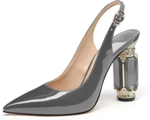JANSEVEN Women Chunky Heels Pumps Crystal Block Heels with Rhinestones Pointed Toe Sexy Gradient Patent Leather Slip on Bridal Party Wedding Dress Shoes 5-13 M US