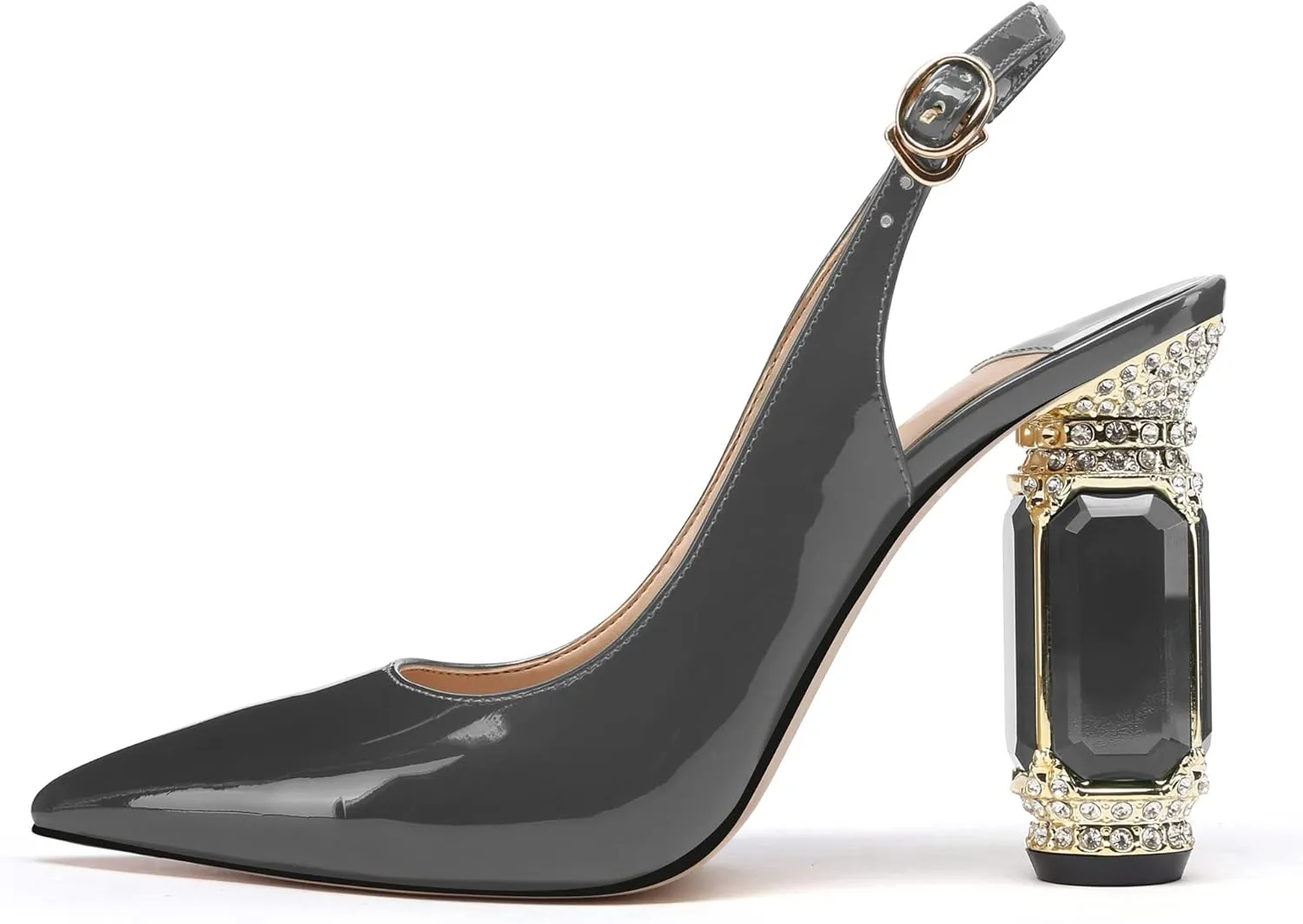 JANSEVEN Women Chunky Heels Pumps Crystal Block Heels with Rhinestones Pointed Toe Sexy Gradient Patent Leather Slip on Bridal Party Wedding Dress Shoes 5-13 M US