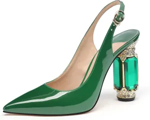 JANSEVEN Women Chunky Heels Pumps Crystal Block Heels with Rhinestones Pointed Toe Sexy Gradient Patent Leather Slip on Bridal Party Wedding Dress Shoes 5-13 M US