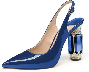 JANSEVEN Women Chunky Heels Pumps Crystal Block Heels with Rhinestones Pointed Toe Sexy Gradient Patent Leather Slip on Bridal Party Wedding Dress Shoes 5-13 M US