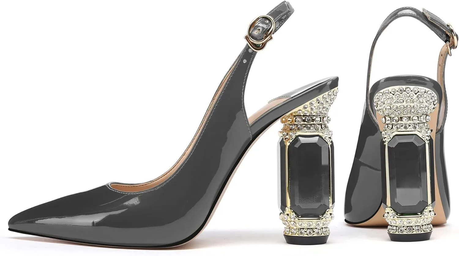 JANSEVEN Women Chunky Heels Pumps Crystal Block Heels with Rhinestones Pointed Toe Sexy Gradient Patent Leather Slip on Bridal Party Wedding Dress Shoes 5-13 M US