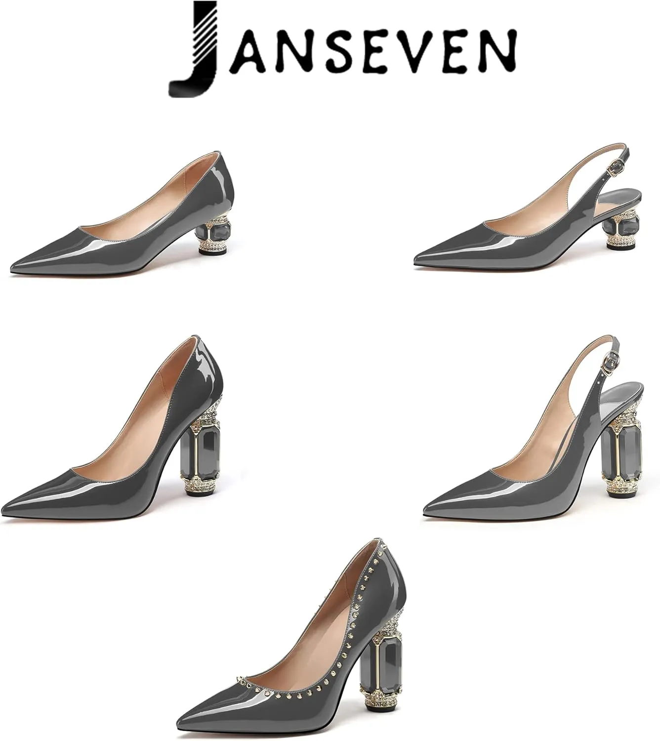 JANSEVEN Women Chunky Heels Pumps Crystal Block Heels with Rhinestones Pointed Toe Sexy Gradient Patent Leather Slip on Bridal Party Wedding Dress Shoes 5-13 M US