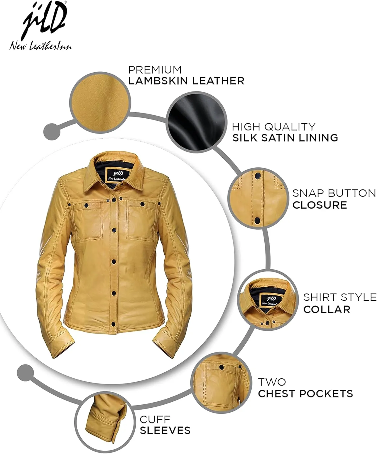 Jild Womens Button Front Lambskin Leather Jacket Shacket - Casual Shirt Long Sleeve Leather Jacket Women with Bust Pocket