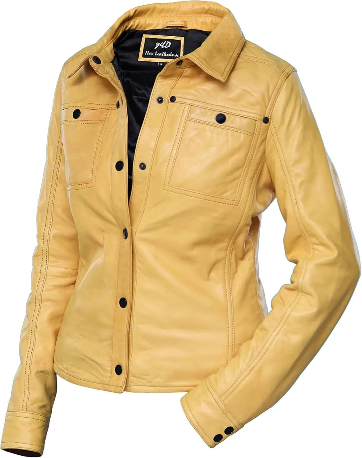 Jild Womens Button Front Lambskin Leather Jacket Shacket - Casual Shirt Long Sleeve Leather Jacket Women with Bust Pocket