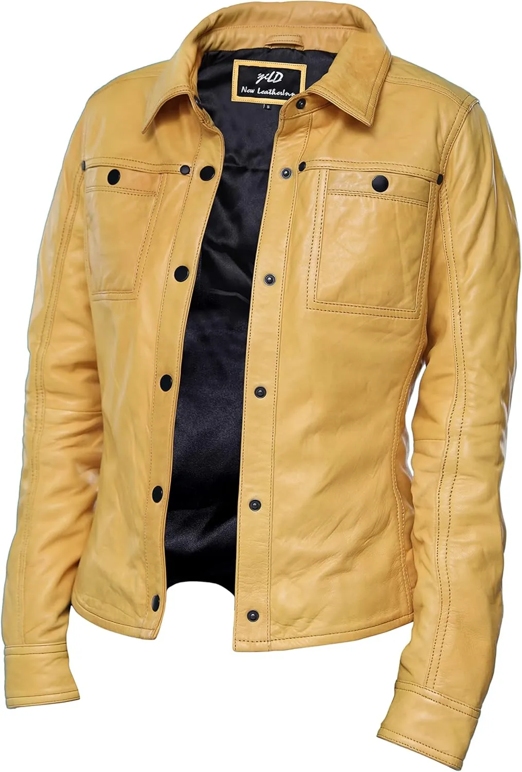 Jild Womens Button Front Lambskin Leather Jacket Shacket - Casual Shirt Long Sleeve Leather Jacket Women with Bust Pocket