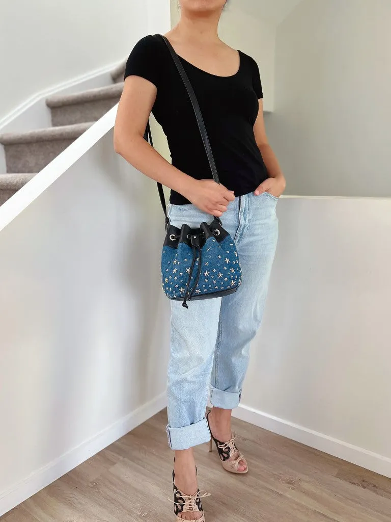 Jimmy Choo Black Leather Denim Star Studded Drawstring Bucket Crossbody Shoulder Bag Excellent