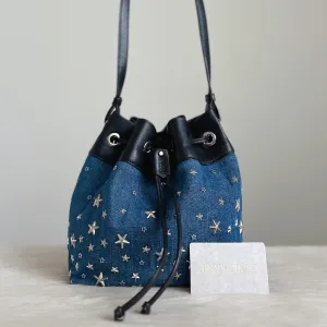 Jimmy Choo Black Leather Denim Star Studded Drawstring Bucket Crossbody Shoulder Bag Excellent