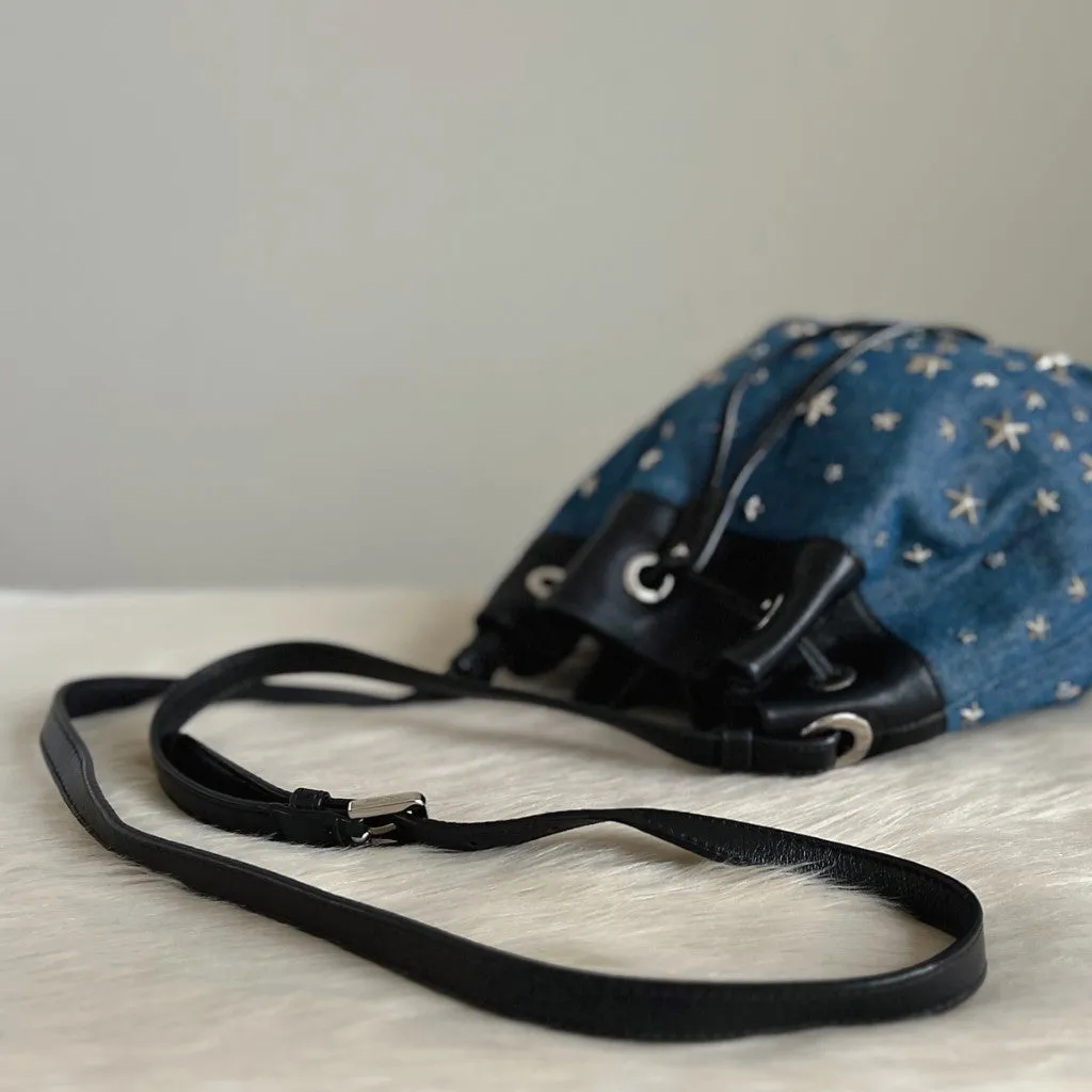 Jimmy Choo Black Leather Denim Star Studded Drawstring Bucket Crossbody Shoulder Bag Excellent