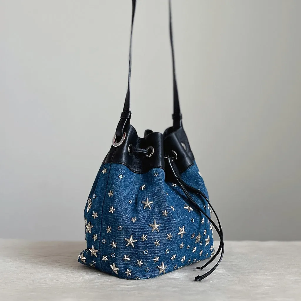 Jimmy Choo Black Leather Denim Star Studded Drawstring Bucket Crossbody Shoulder Bag Excellent