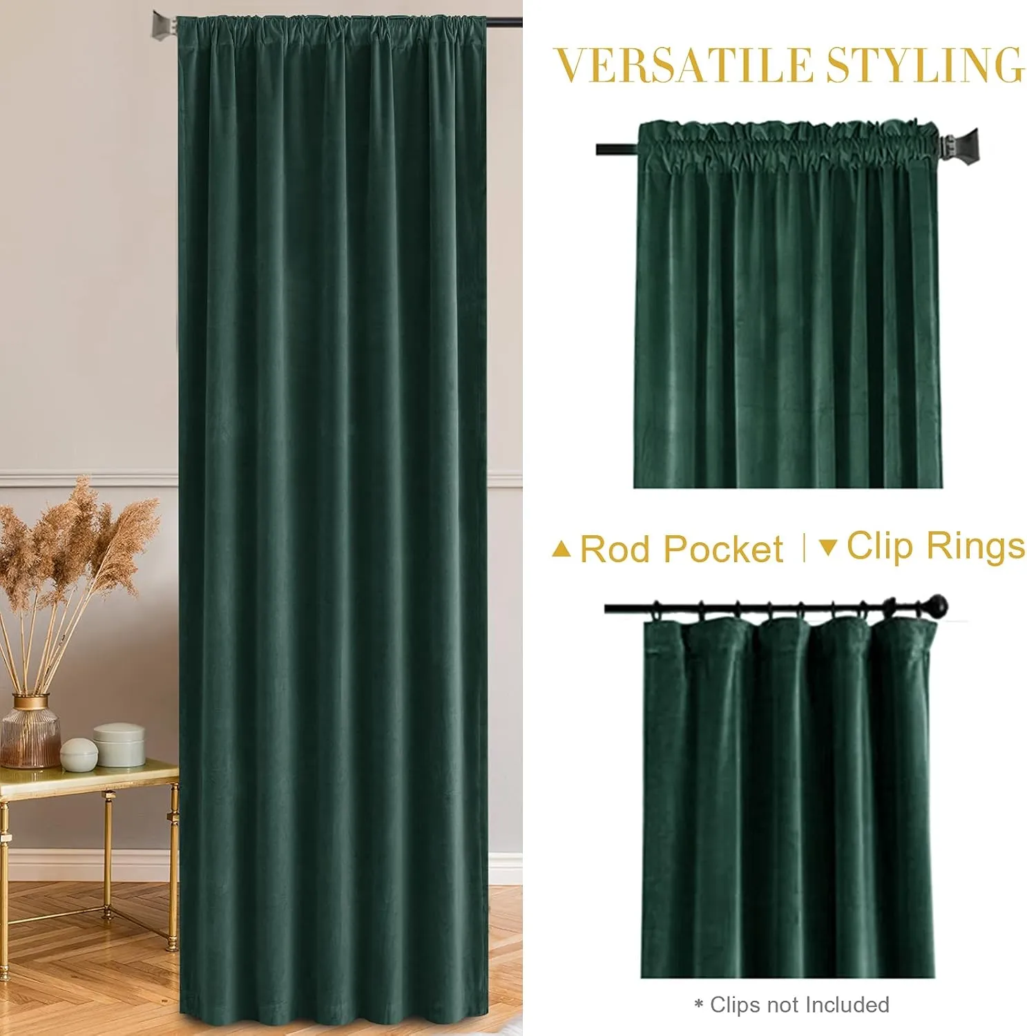 jinchan Curtains Velvet Blackout Curtain for Living Room, Thermal Insulated Drape for Bedroom 96 Inch Long, Room Darkening Window Treatment Rod Pocket 1 Panel, Emerald Green