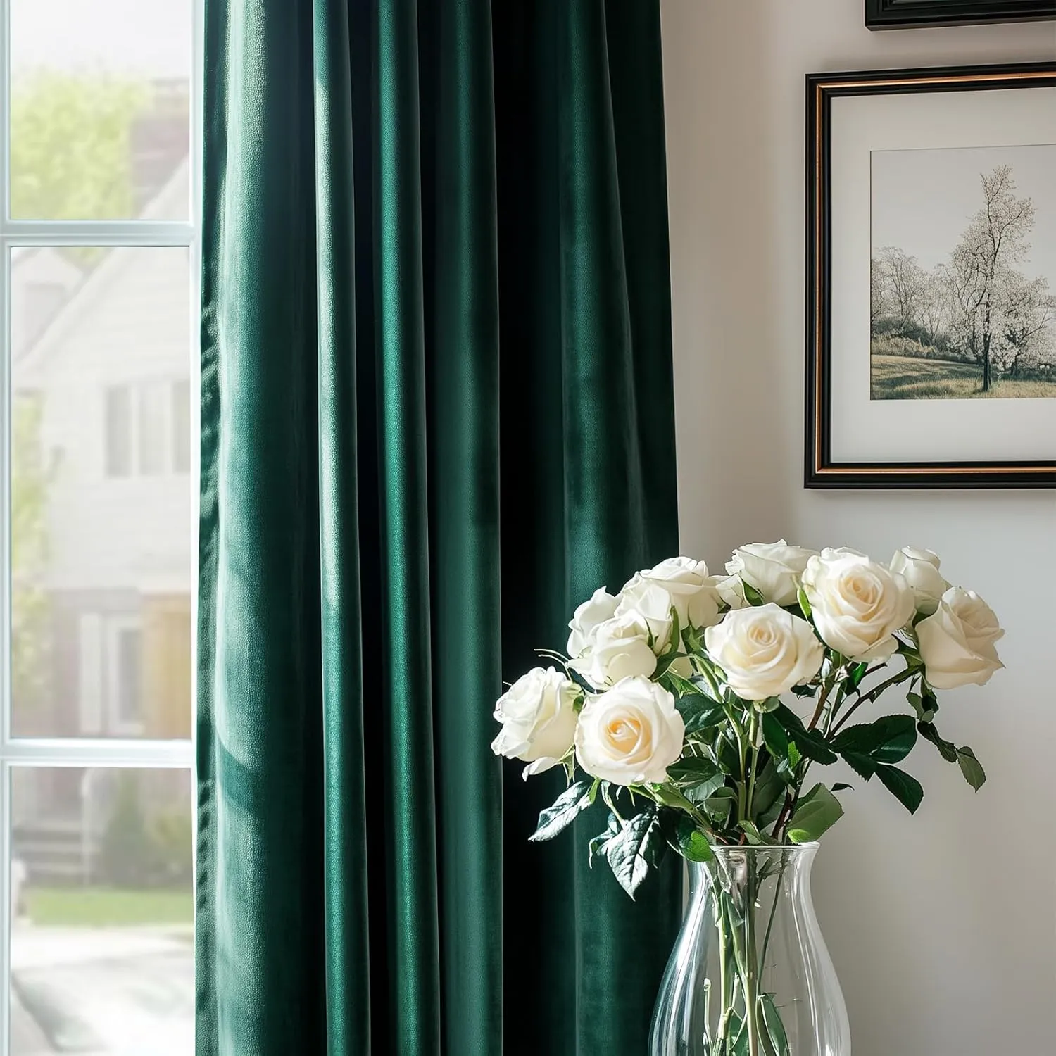 jinchan Curtains Velvet Blackout Curtain for Living Room, Thermal Insulated Drape for Bedroom 96 Inch Long, Room Darkening Window Treatment Rod Pocket 1 Panel, Emerald Green