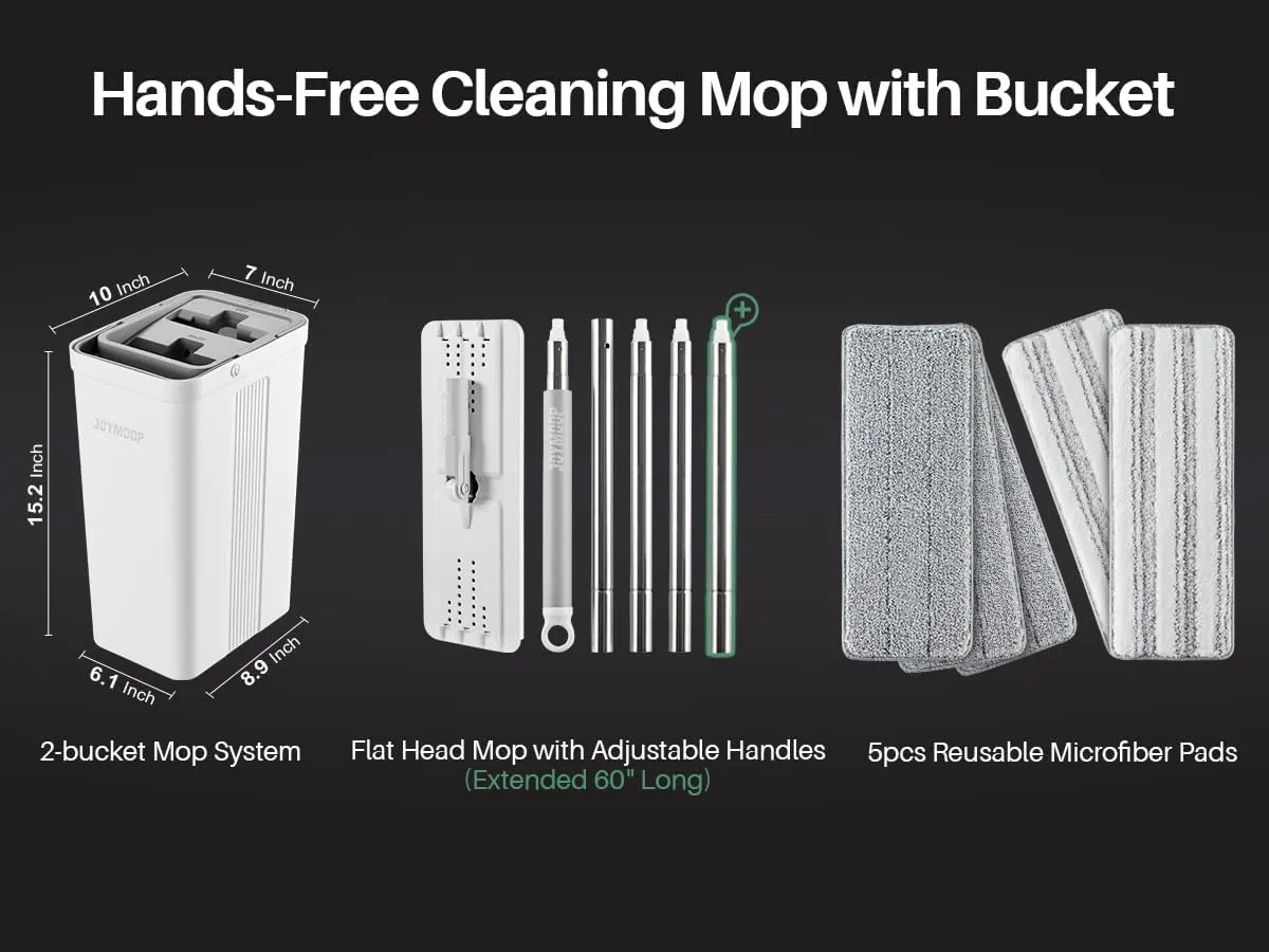 JOYMOOP Mop and Bucket with Wringer Set, White Flat Squeeze Mop Bucket Set for Floor Cleaning, Wet Dry Mop for Walls, Wall Cleaner with Long Handle, Hardwood Floor Mop-5 Microfiber Cloths