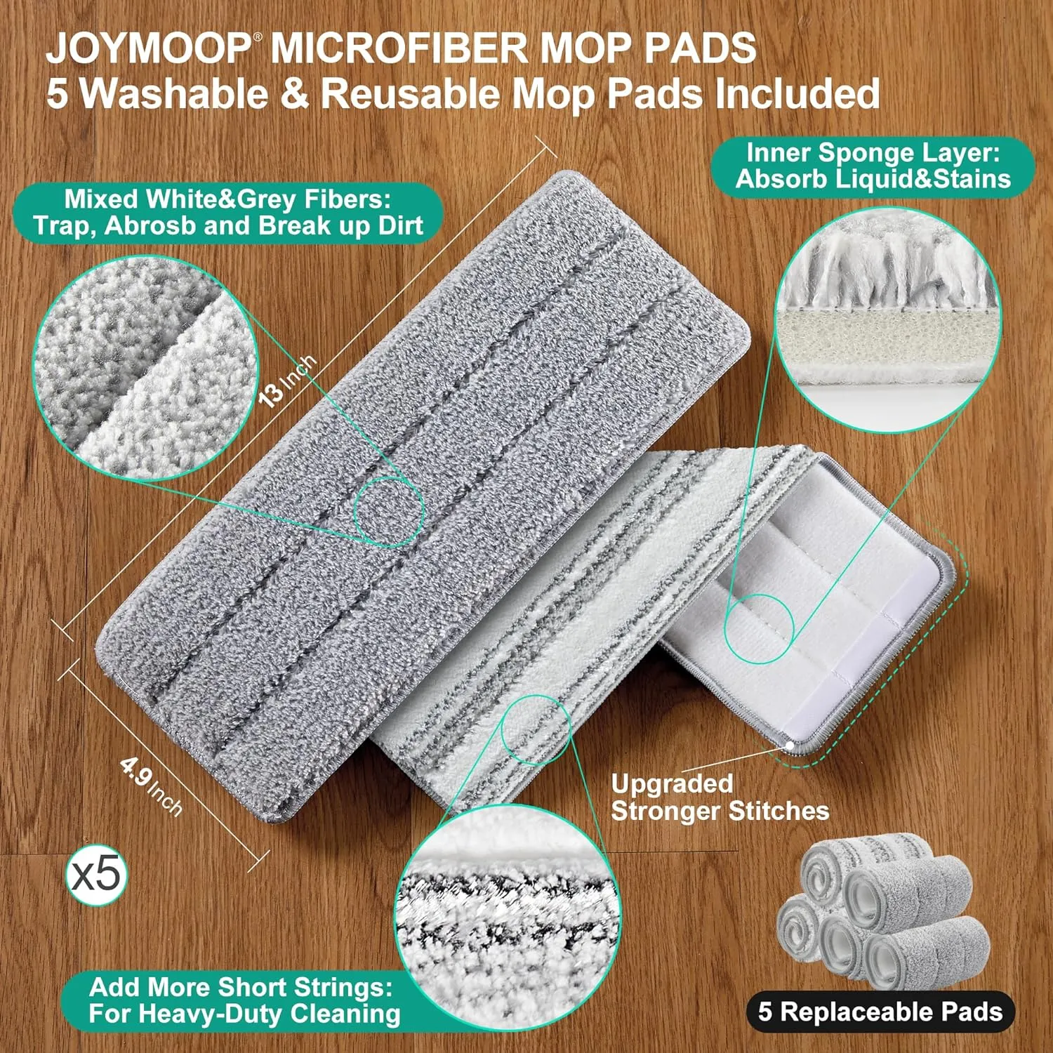 JOYMOOP Mop and Bucket with Wringer Set, White Flat Squeeze Mop Bucket Set for Floor Cleaning, Wet Dry Mop for Walls, Wall Cleaner with Long Handle, Hardwood Floor Mop-5 Microfiber Cloths