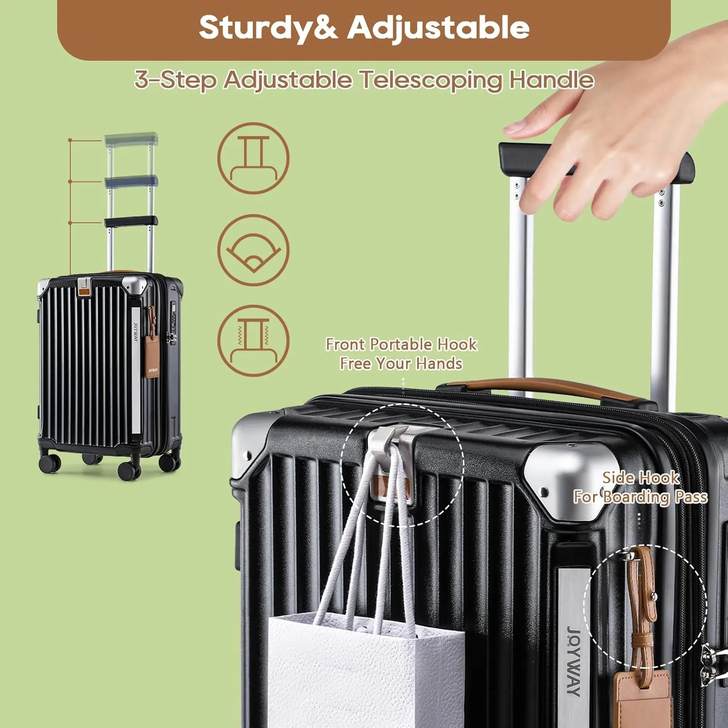 Joyway 5 Piece Luggage Set with Cup Holder, Expandable 25% Capacity, Includes Handbag, Anti Slip Wheels, Hook, Smart Carry On Suitcase for Men and Women, Spinner Travel Black