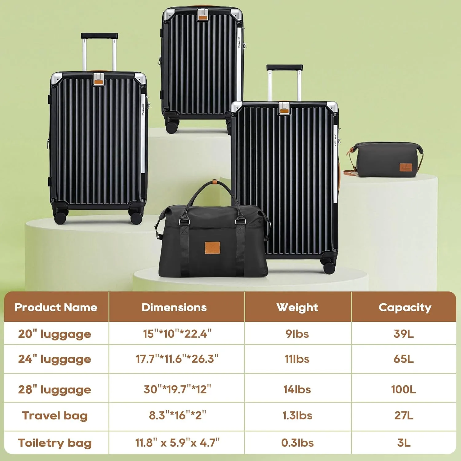 Joyway 5 Piece Luggage Set with Cup Holder, Expandable 25% Capacity, Includes Handbag, Anti Slip Wheels, Hook, Smart Carry On Suitcase for Men and Women, Spinner Travel Black