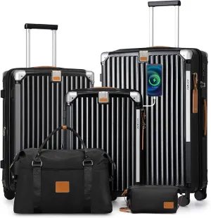 Joyway 5 Piece Luggage Set with Cup Holder, Expandable 25% Capacity, Includes Handbag, Anti Slip Wheels, Hook, Smart Carry On Suitcase for Men and Women, Spinner Travel Black