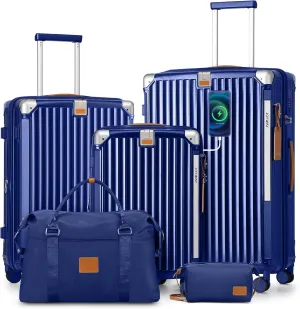 Joyway 5 Piece Luggage Set with Cup Holder, Expandable 25% Capacity, Includes Handbag, Anti Slip Wheels, Hook, Smart Carry On Suitcase for Men and Women, Spinner Travel Blue