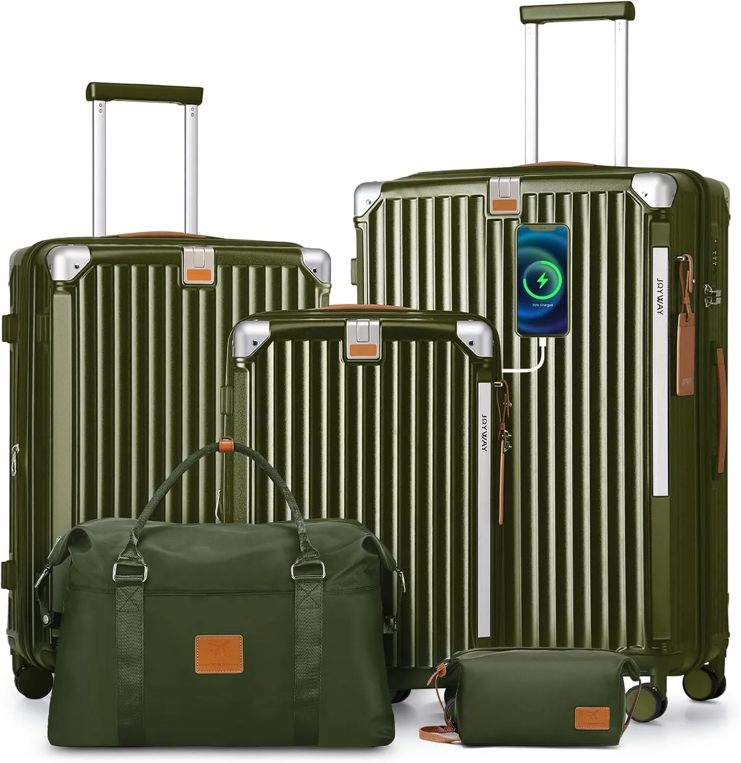 Joyway 5 Piece Luggage Set with Cup Holder, Expandable 25% Capacity, Includes Handbag, Anti Slip Wheels, Hook, Smart Carry On Suitcase for Men and Women, Spinner Travel DarkGreen