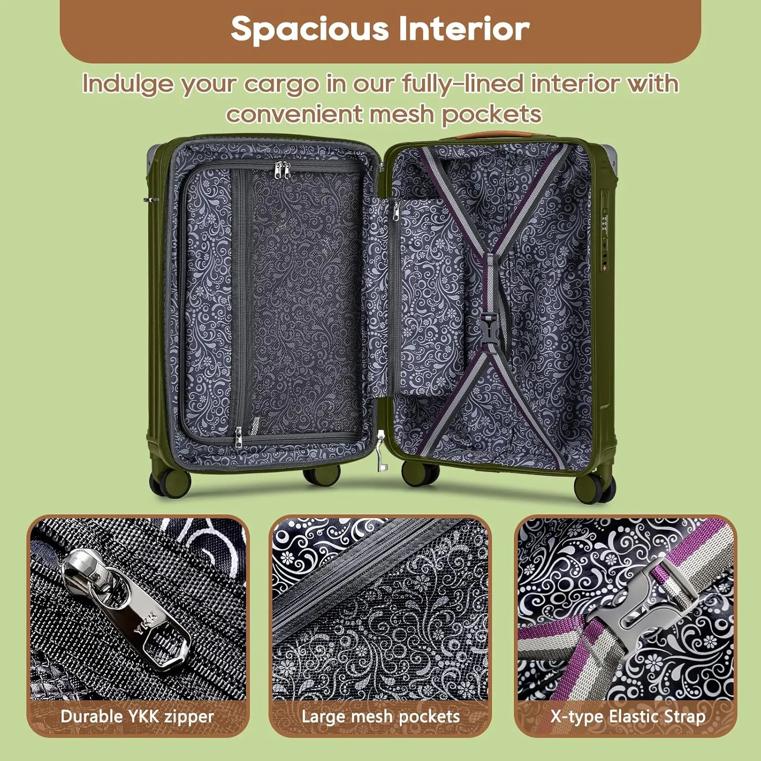 Joyway 5 Piece Luggage Set with Cup Holder, Expandable 25% Capacity, Includes Handbag, Anti Slip Wheels, Hook, Smart Carry On Suitcase for Men and Women, Spinner Travel DarkGreen