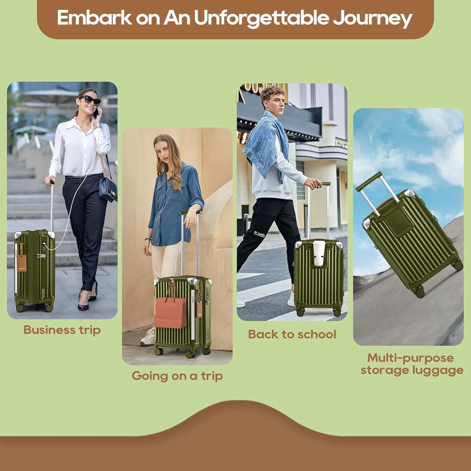 Joyway 5 Piece Luggage Set with Cup Holder, Expandable 25% Capacity, Includes Handbag, Anti Slip Wheels, Hook, Smart Carry On Suitcase for Men and Women, Spinner Travel DarkGreen