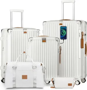 Joyway 5 Piece Luggage Set with Cup Holder, Expandable 25% Capacity, Includes Handbag, Anti Slip Wheels, Hook, Smart Carry On Suitcase for Men and Women, Spinner Travel White