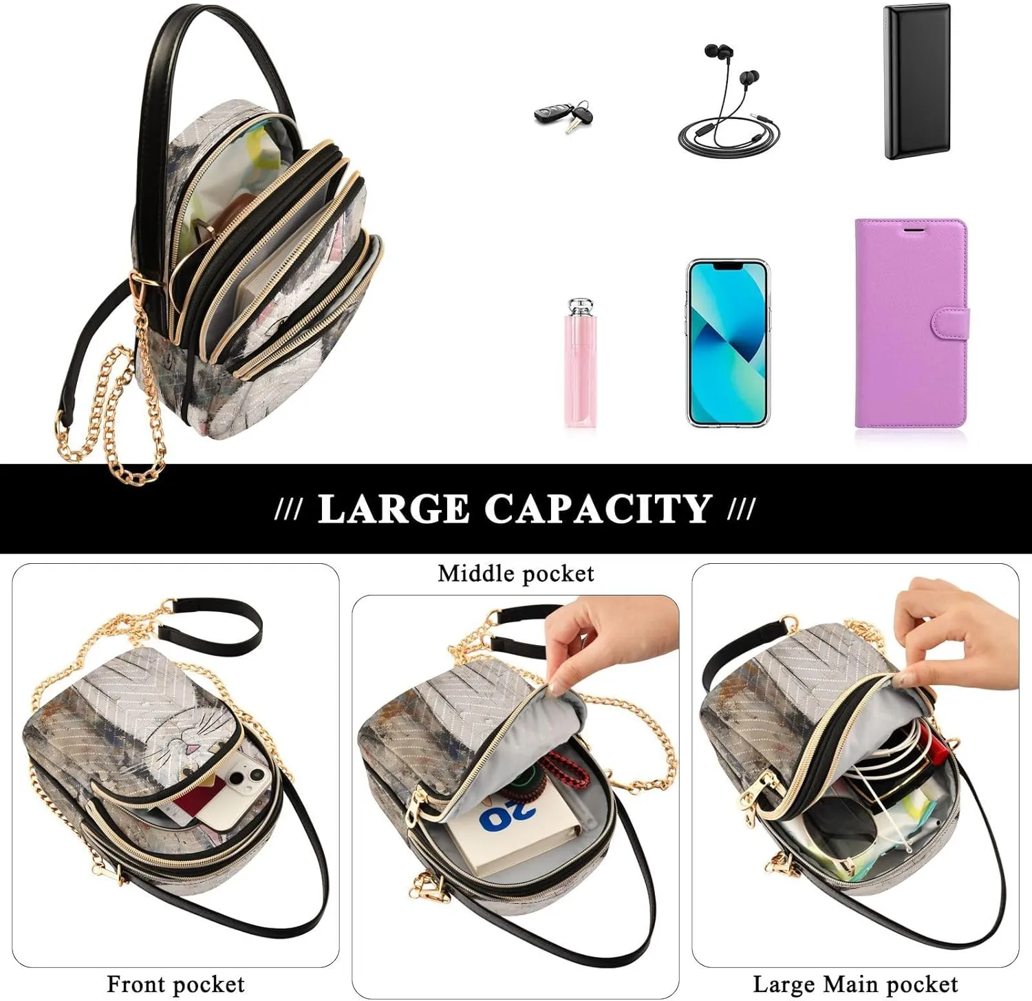 JSTEL Small Crossbody Bag for Women with Compartments,Long Gold Chain Crossbody Purse Polyester Phone Purse Wallet