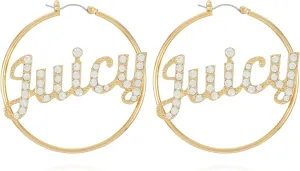 Juicy Couture Goldtone Pave Crystal Glass Stone Logo Hoop Earrings