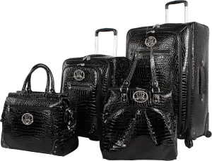 Kathy Van Zeeland Croco PVC Designer Luggage - 4 Piece Softside Expandable Lightweight Spinner Suitcases - Travel Set includes a Dowel and Shopper Bags, 20-Inch Carry On & 28-Inch Suitcase (Black)