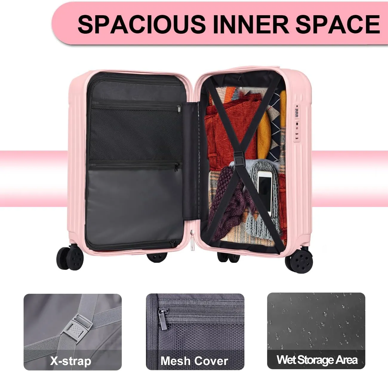 Krute Carry on Luggage PC ABS Suitcases with Double Spinner Wheels 22x14x9 Airline Approved Luggage with TSA Lock 20 Inch (Pink)