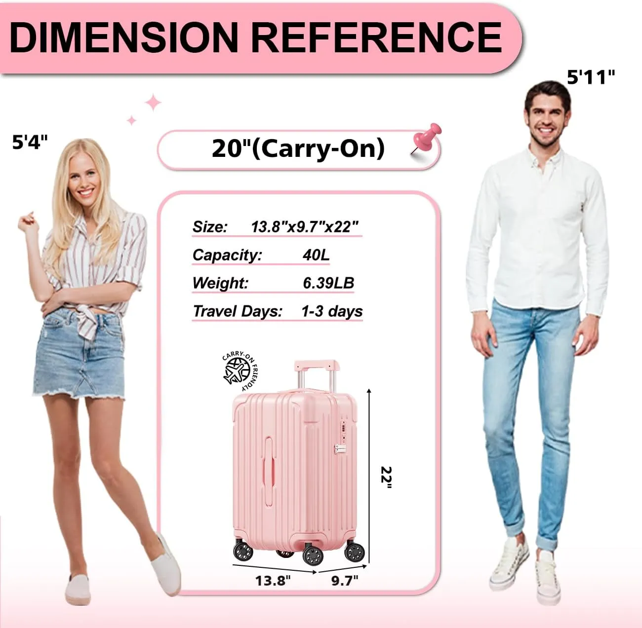 Krute Carry on Luggage PC ABS Suitcases with Double Spinner Wheels 22x14x9 Airline Approved Luggage with TSA Lock 20 Inch (Pink)