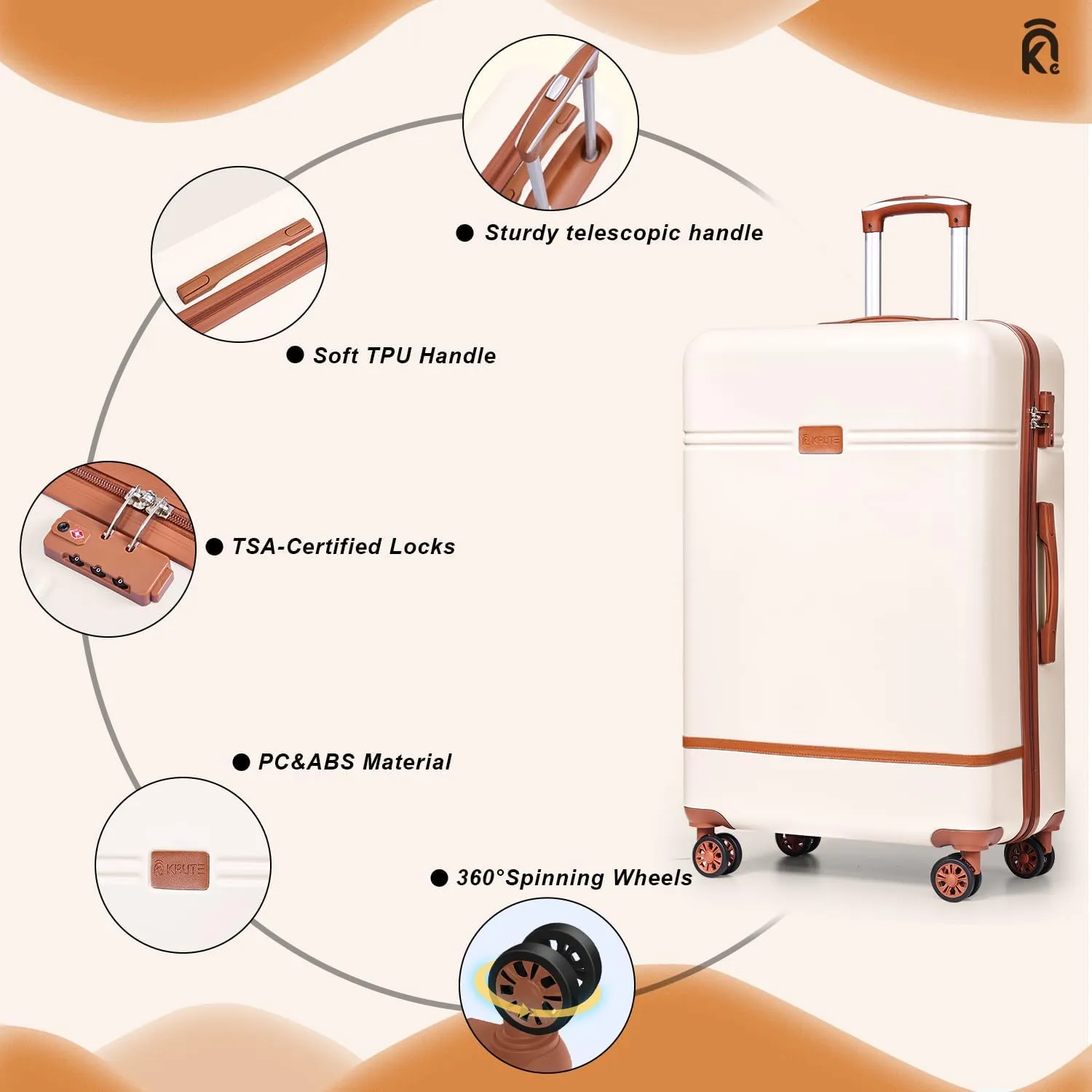Krute Checked Luggage 24 inch Suitcases with Wheels TSA Approved PC ABS Lightweight Hard Side Suitcase (WhiteBrown)